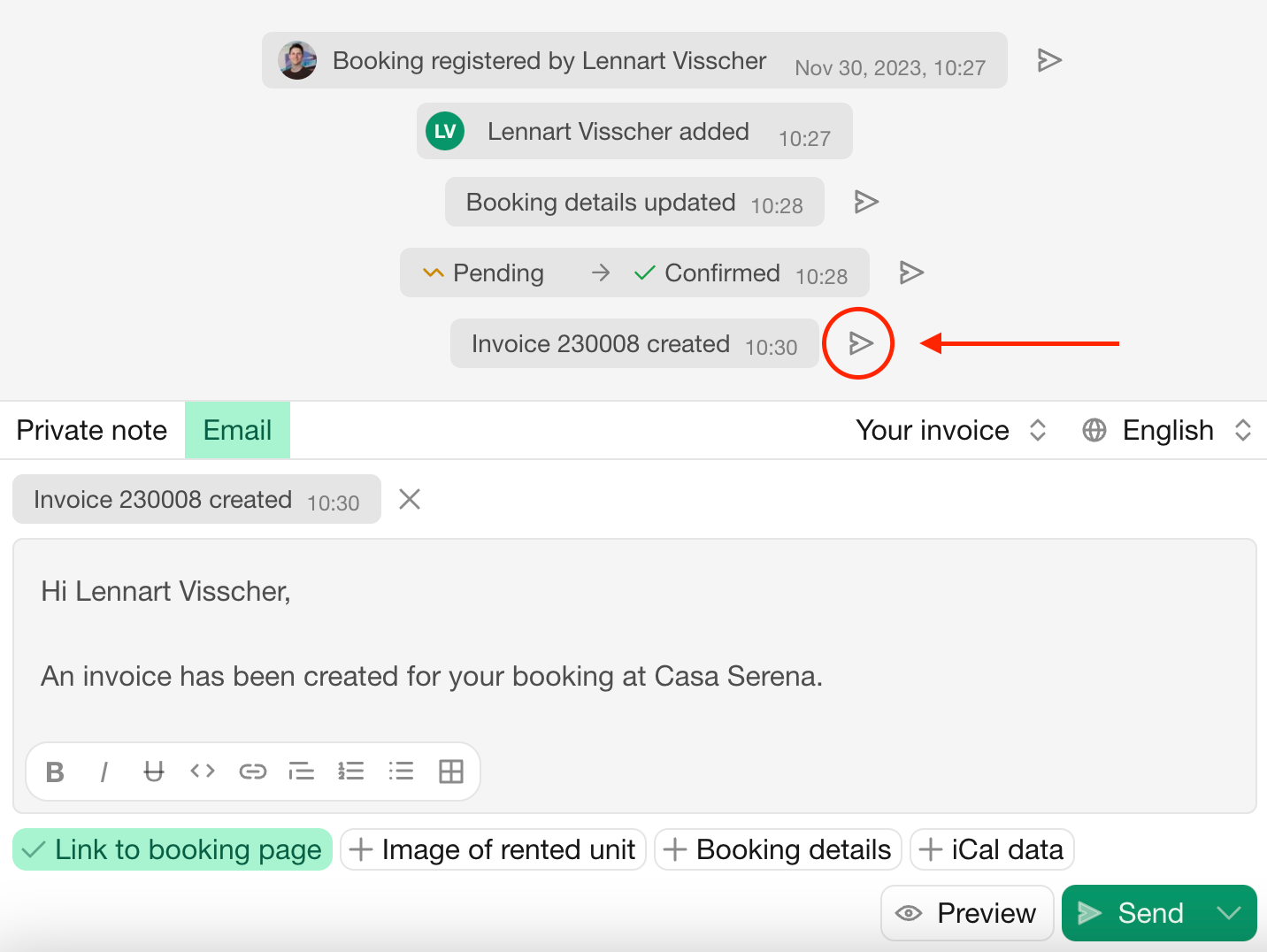 Sending emails related to an invoice in Bookingmood