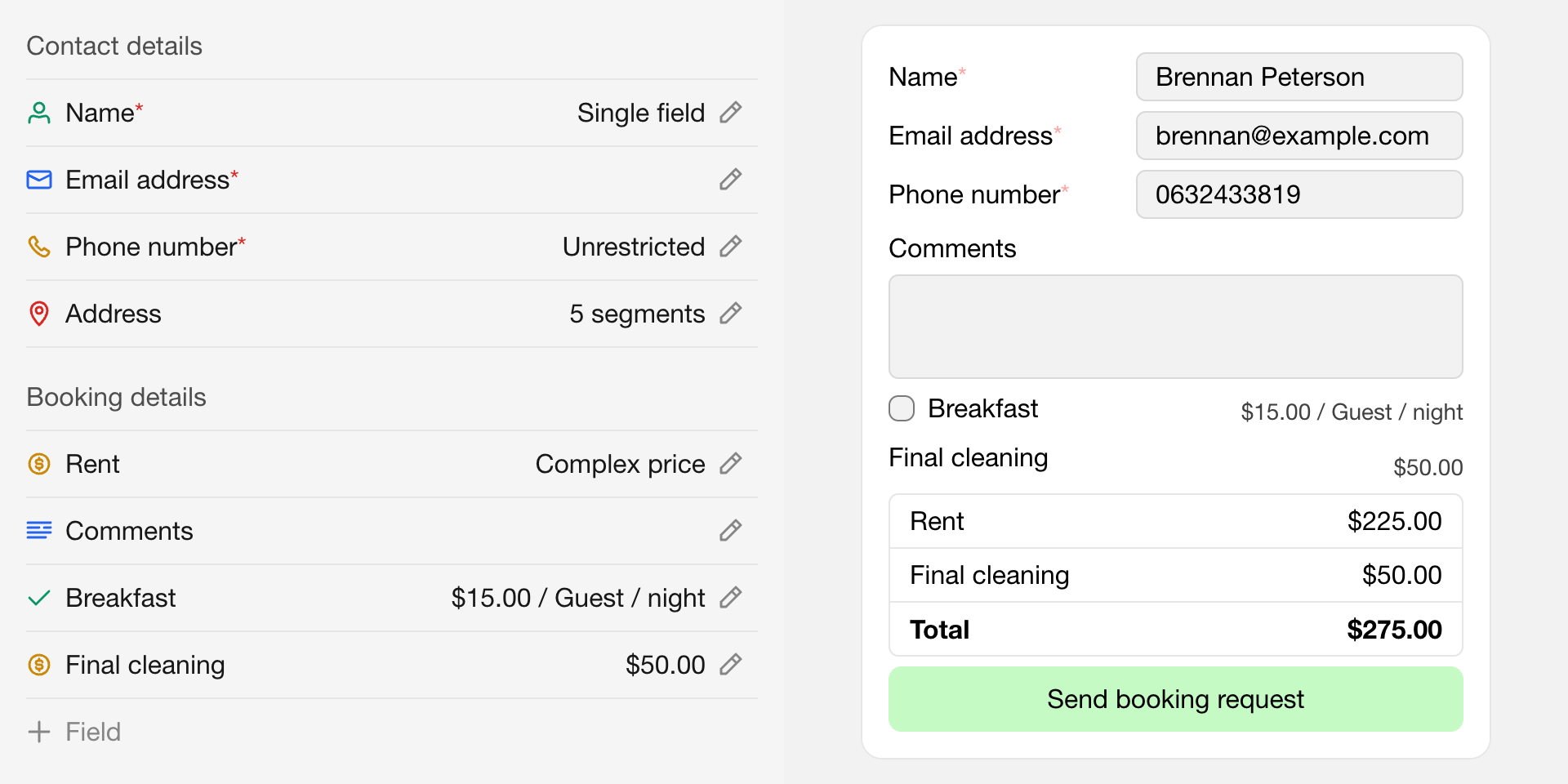 Booking form management in Bookingmood