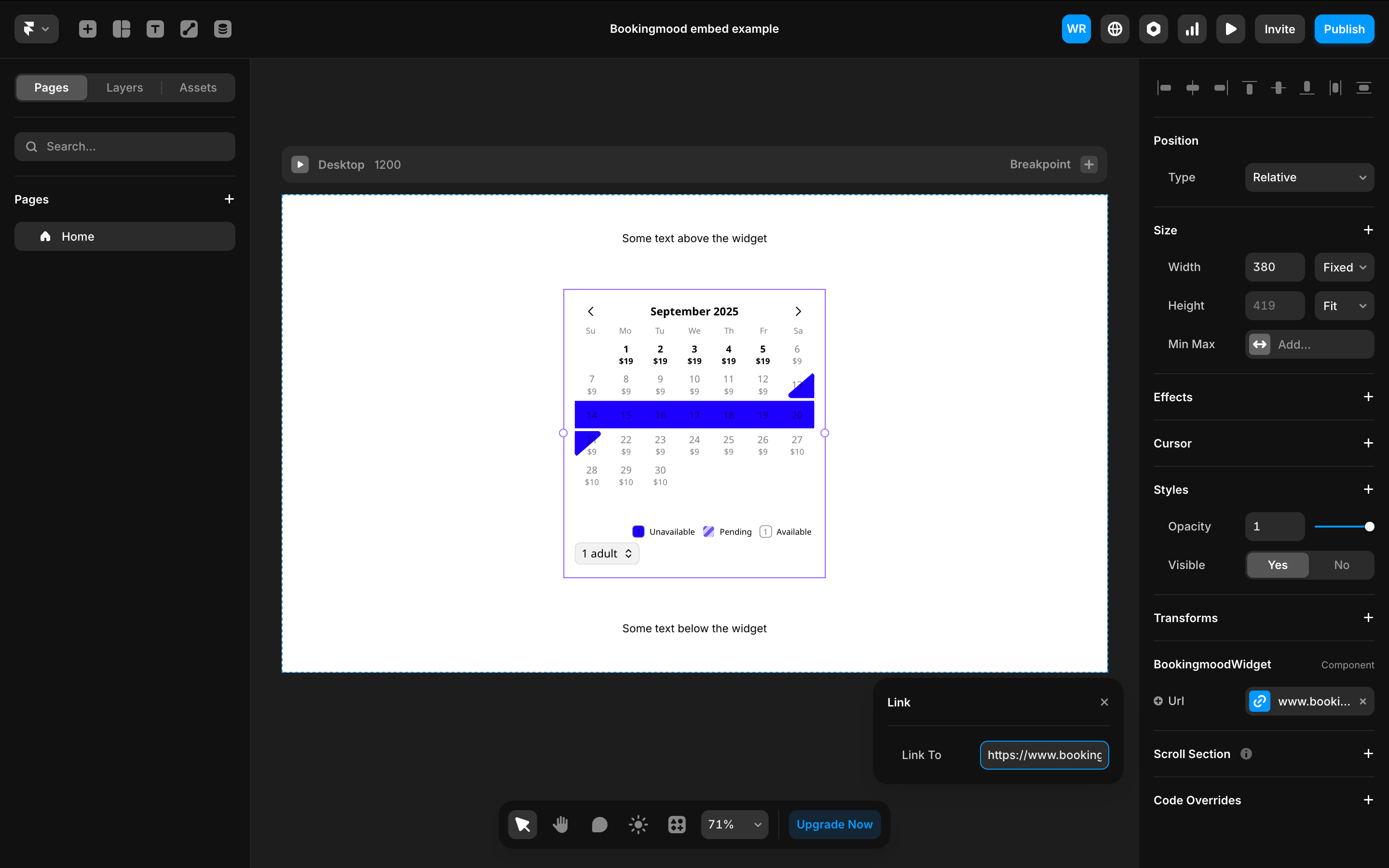 The Bookingmood widget embedded in a Framer site