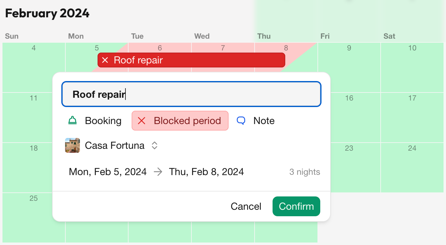Adding a blocked period in Bookingmood