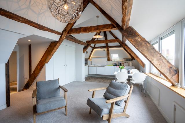 Open plan Kitchen living room, high vault 1800 century ceilings