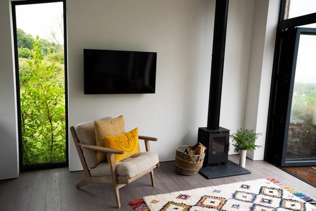 Lounge seating and log burner stove with mounted TV