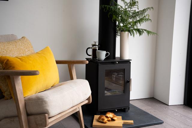 Easy chair and log burner stove 