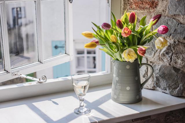 Window seat sunlight flowing in the period holiday cottage window, the cosiest and llight holiday cottage for two near the sea and by the river in central Lyme Regis