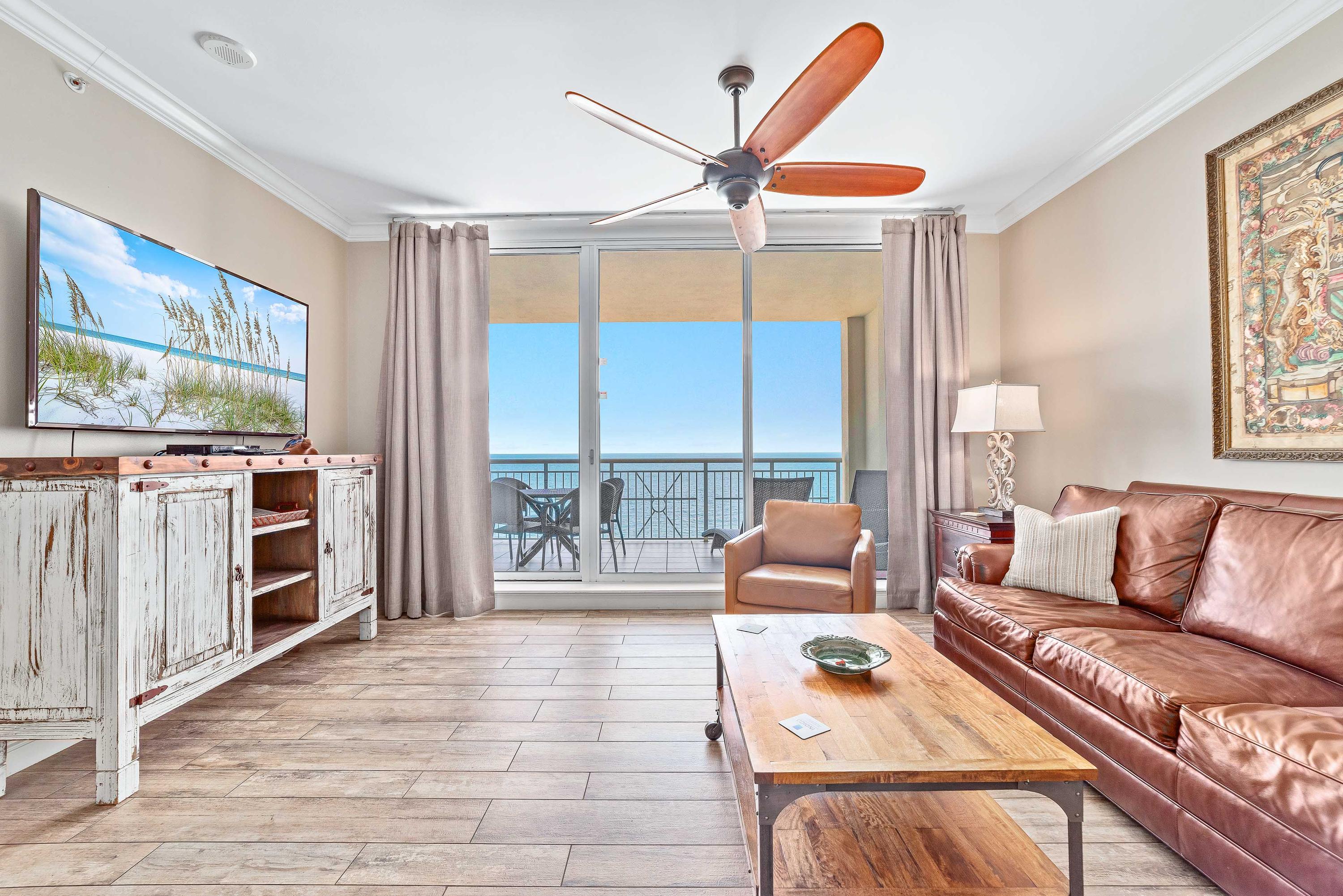 Spacious Living Room and Dining Room overlooking the Gulfside balcony