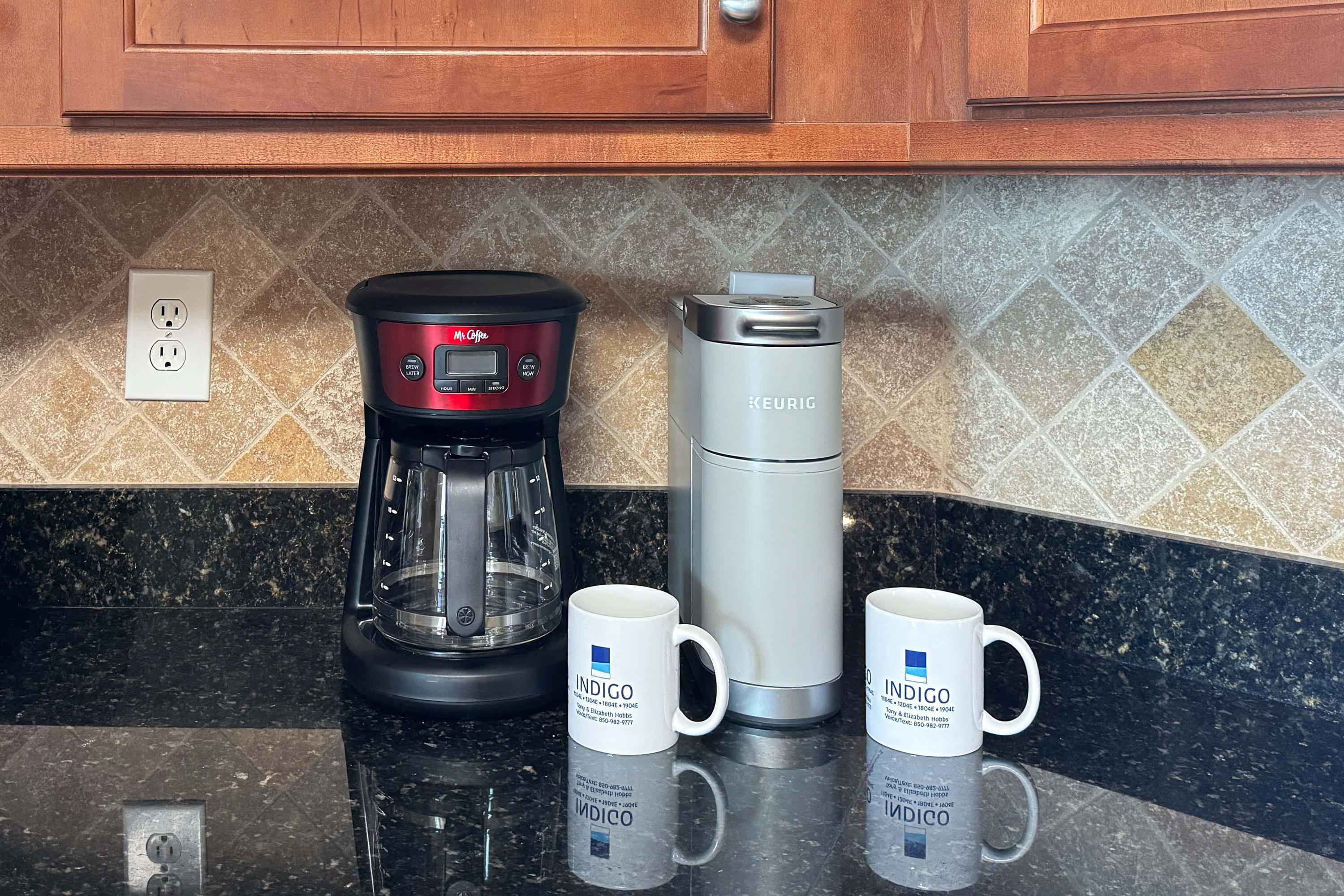 Complimentary mugs (Take them home), two coffee pots (Keurig & Traditional)