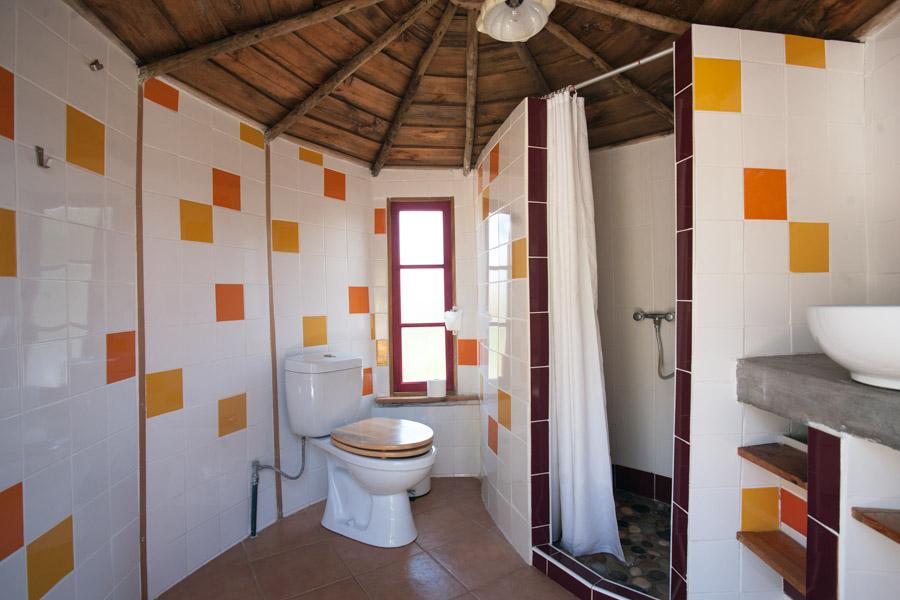 Shower area with colored tiled walls