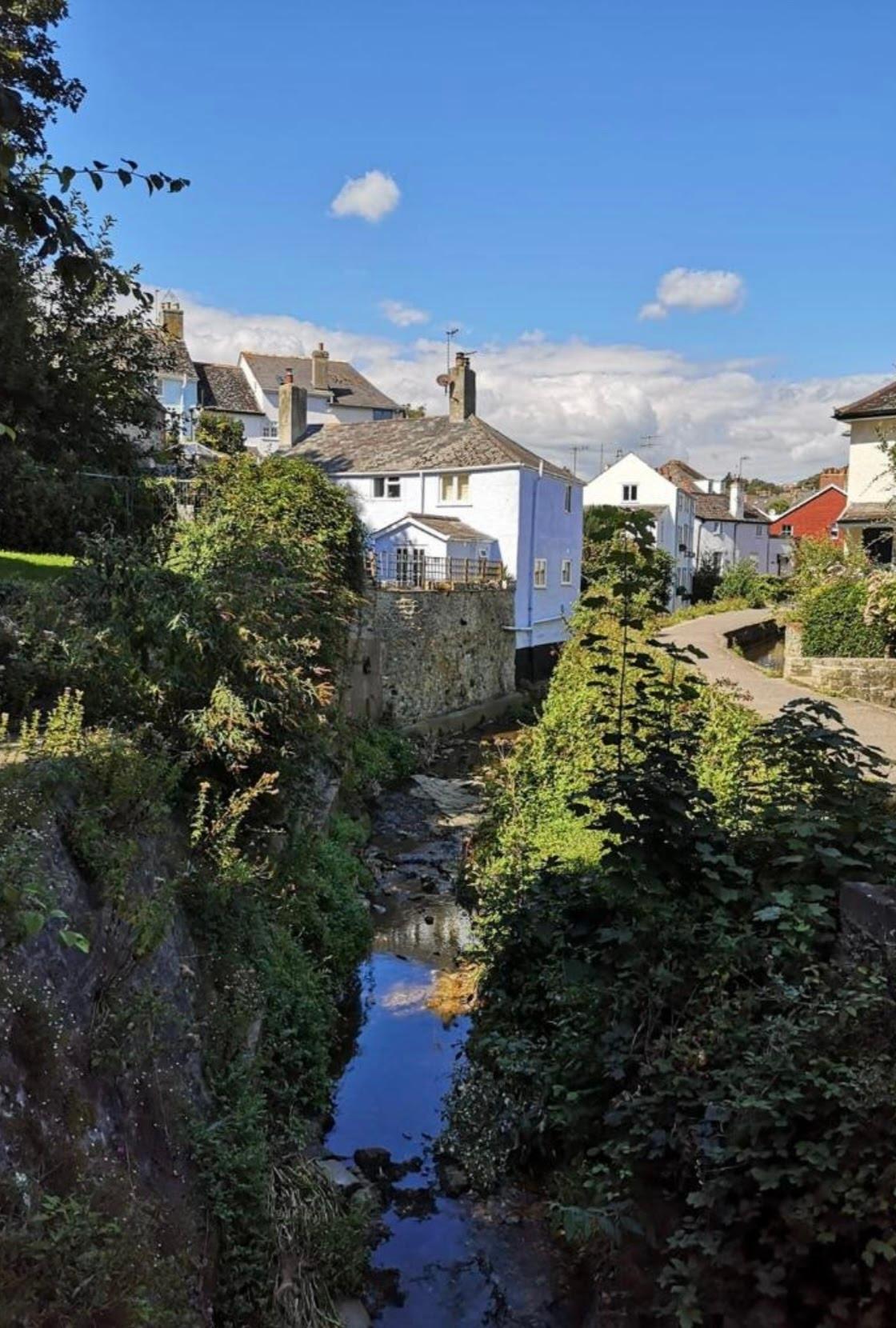 The River Lym view of it flowing past alongside Lynch View Cottage and courtyard garden in central Lyme Regis 
