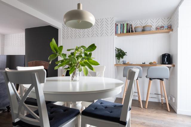 Coffee bar and round dining table new interiors throughout 