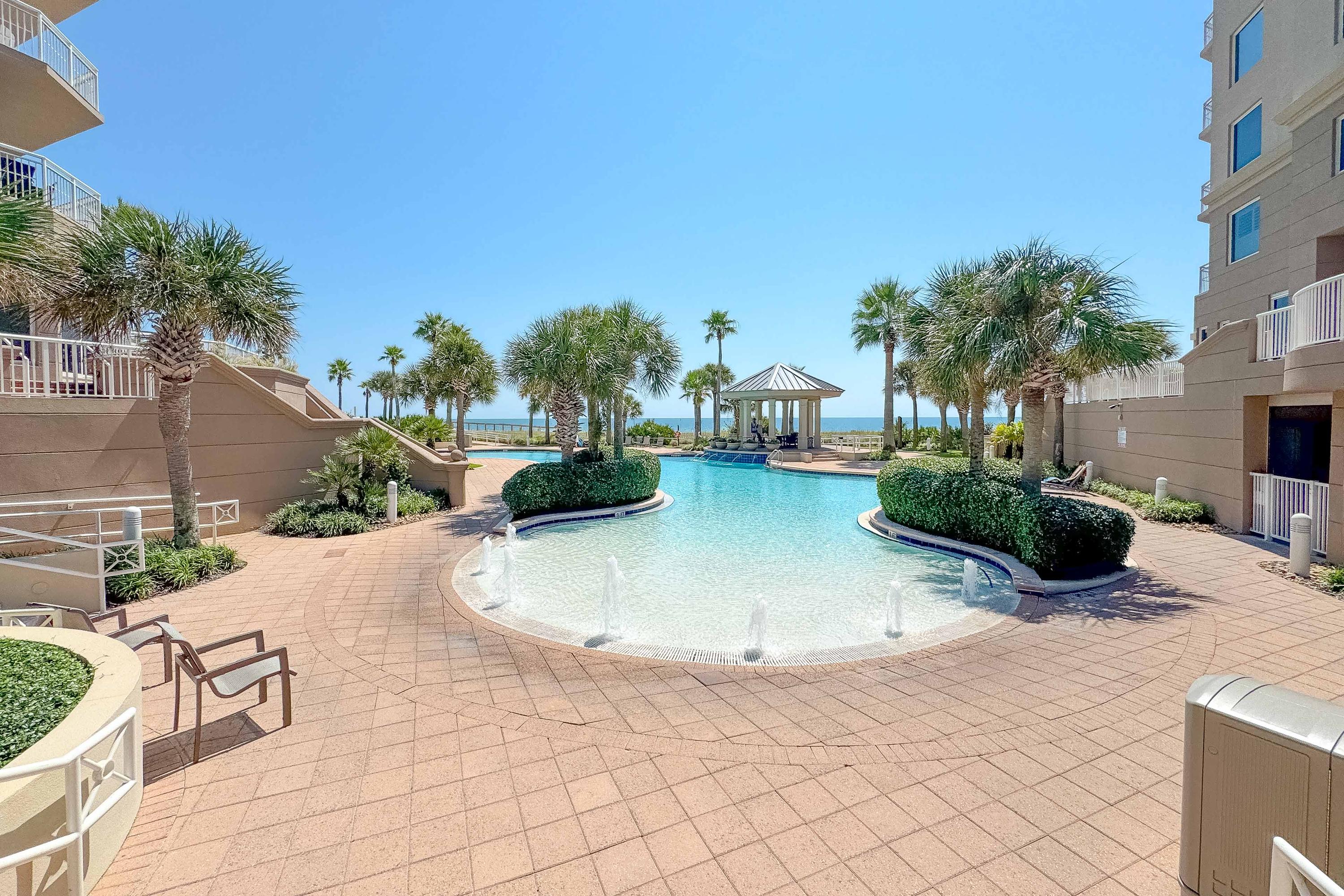 Zero-Entry pool with fun vertical water splashes are a hit with the children.