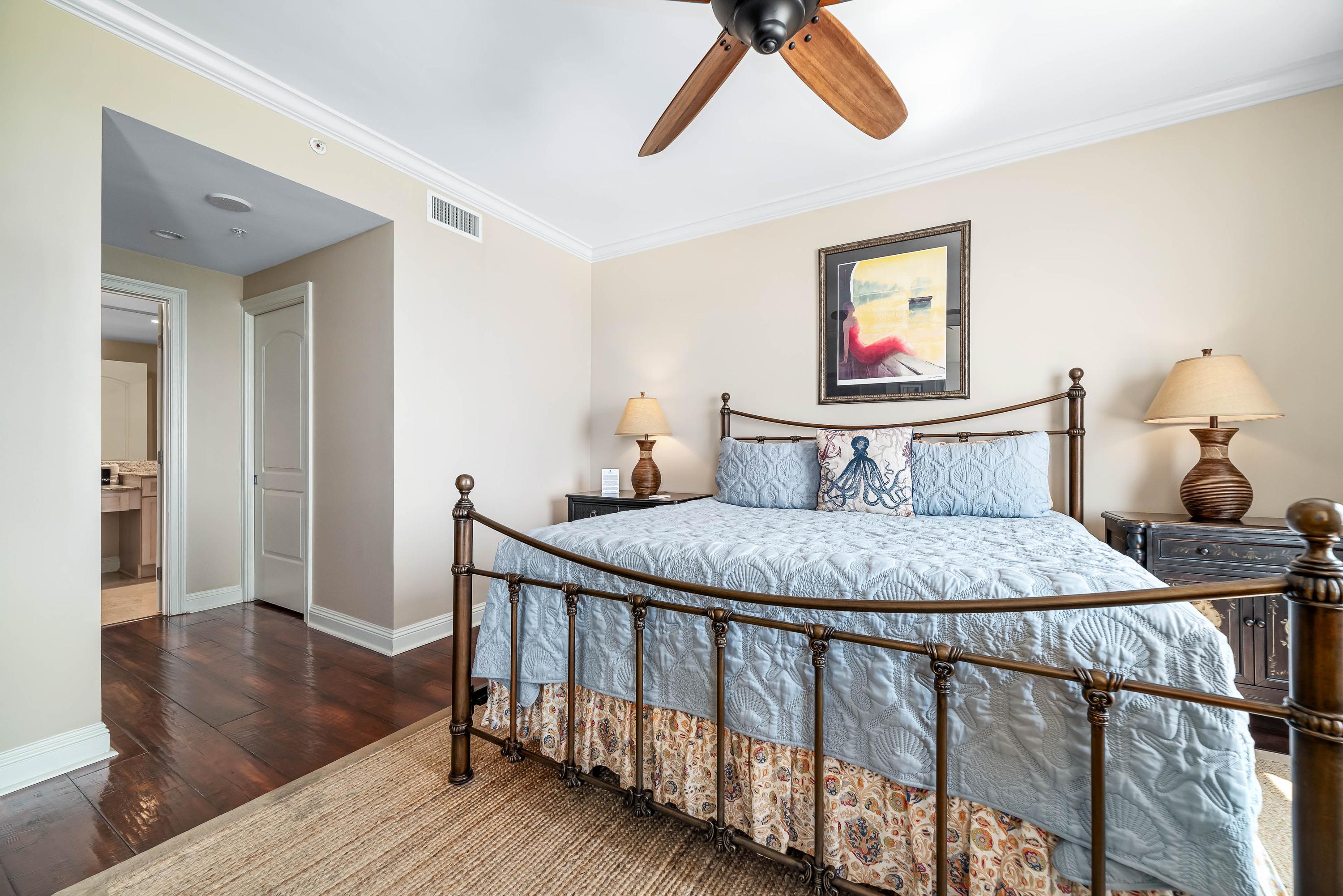Top-notch quality furnishings in Master Bedroom, with connected private bathroom