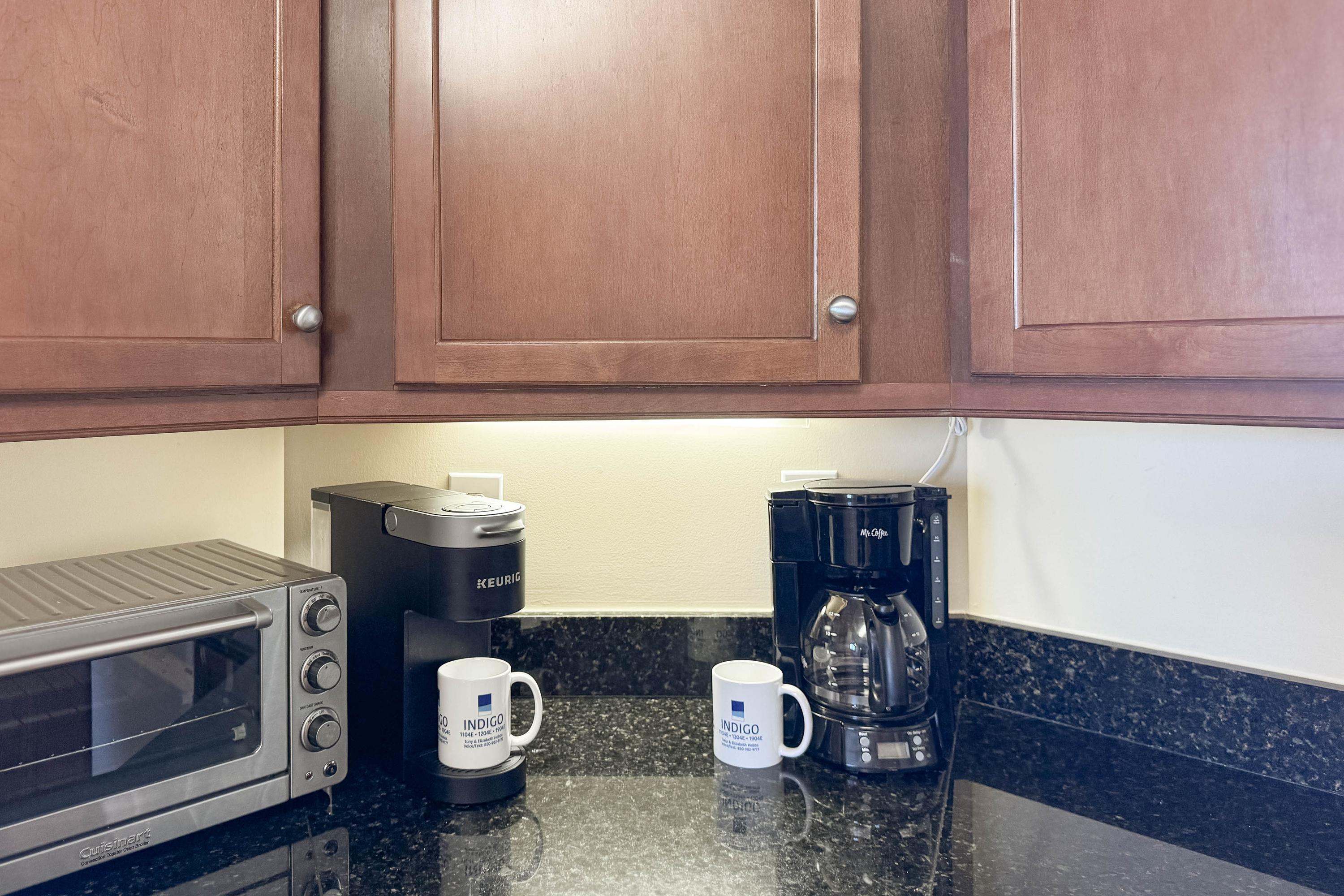 Complimentary mugs (Take them home), two coffee pots (Keurig & Traditional)