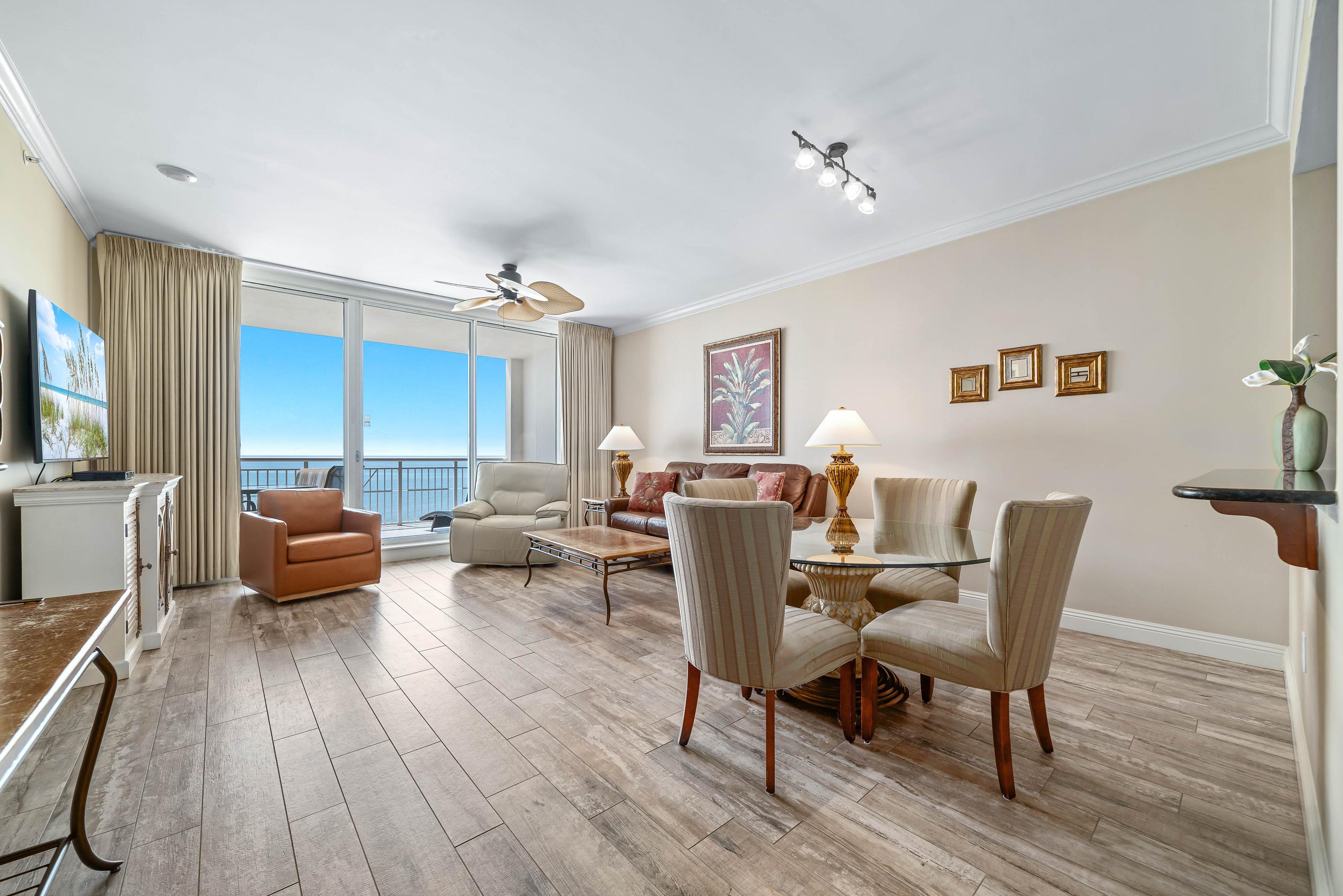 Spacious Living Room and Dining Room overlooking the Gulfside balcony