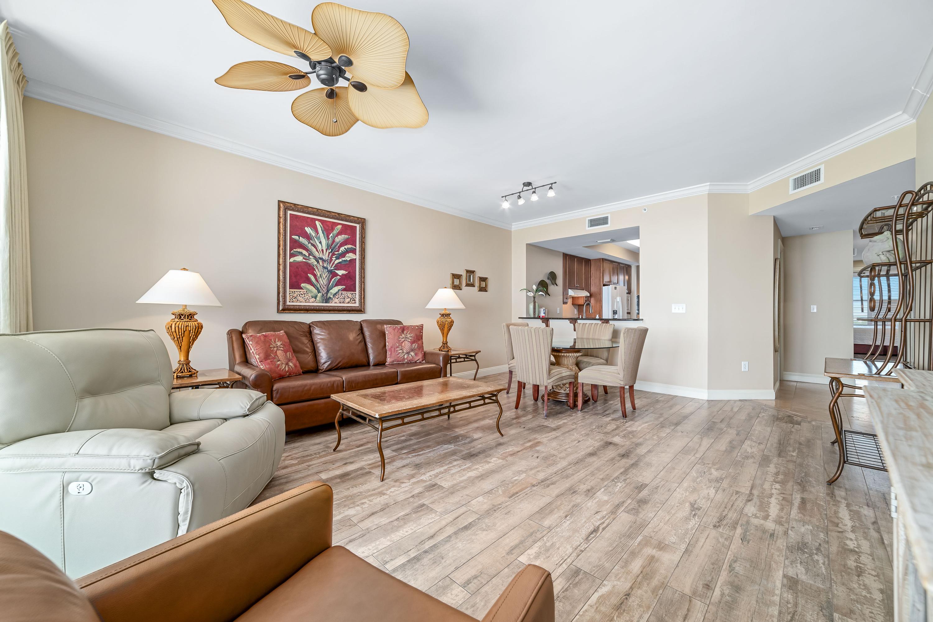 Large open floor plan, allowing views from the kitchen into the living room