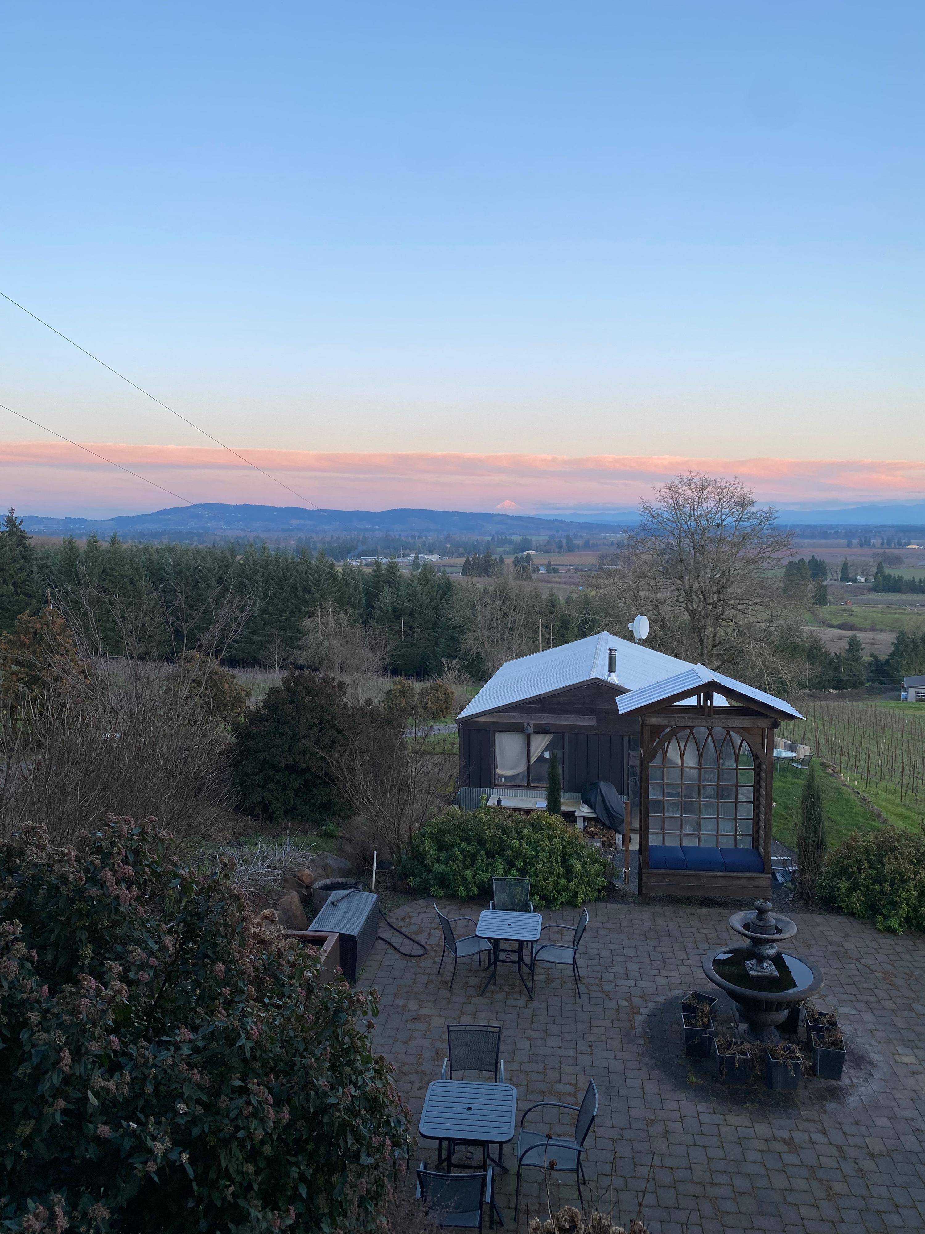 Evening Winter View of Terrace and BBQ Barn