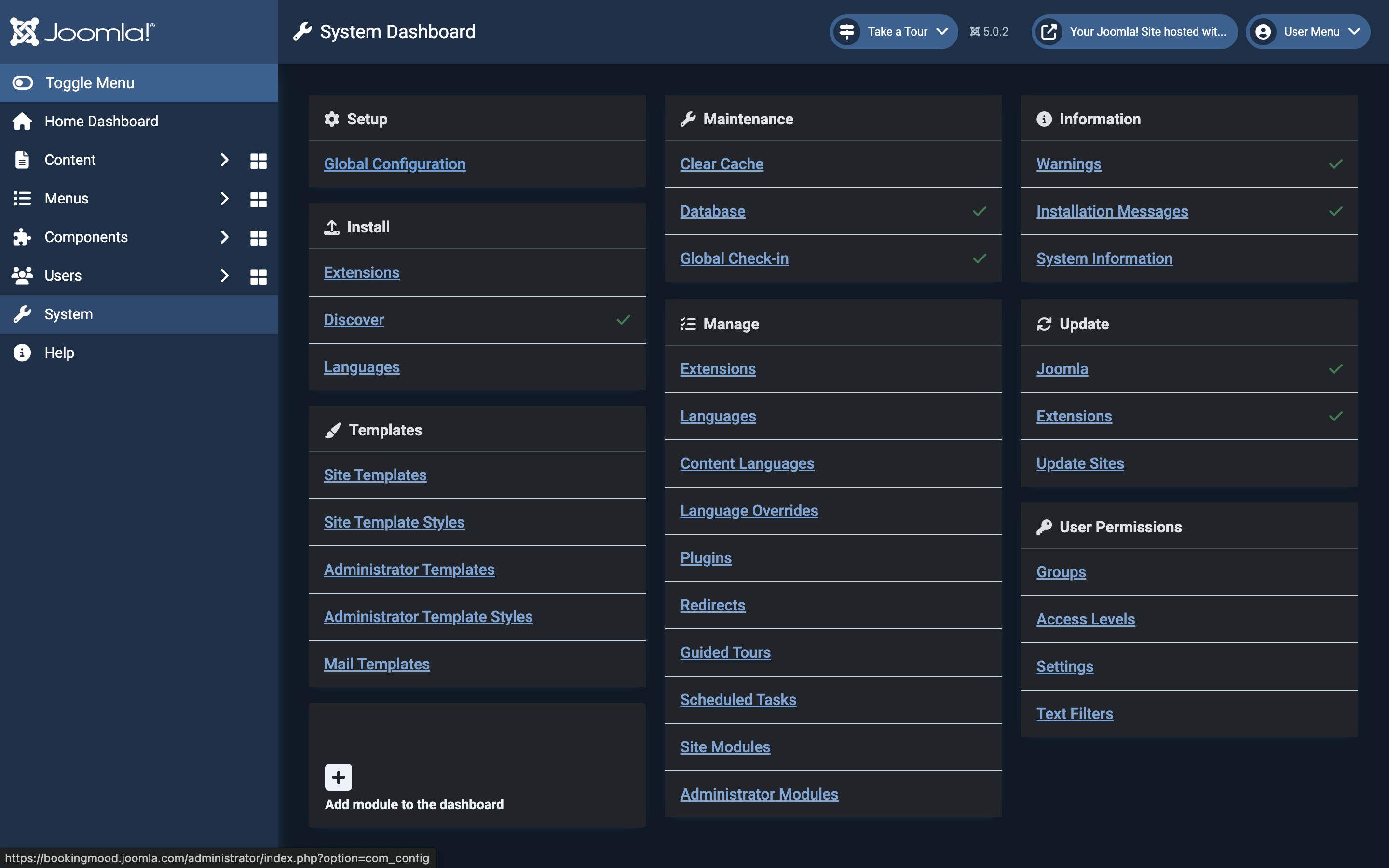Joomla system settings screen