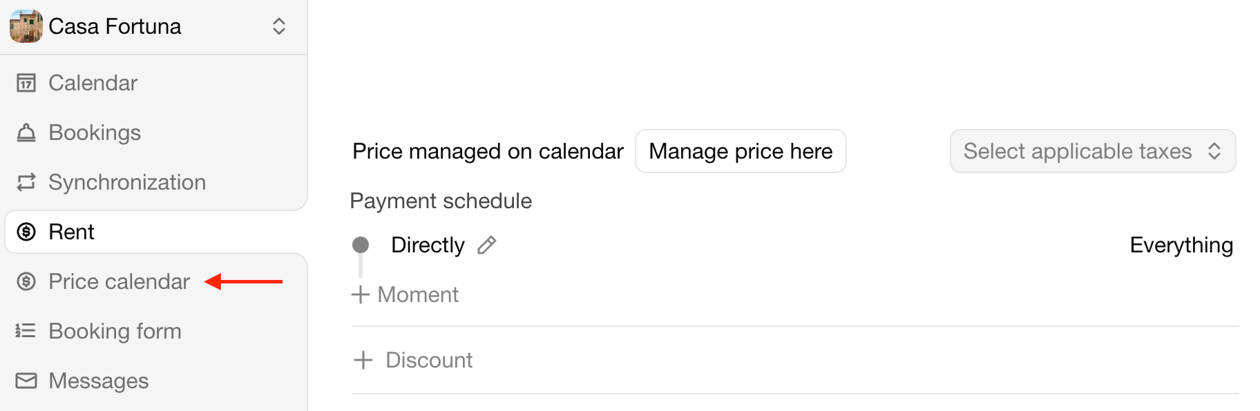Price calendar menu item
