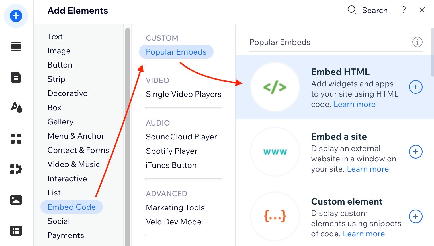 Select Embed code > Popular embeds > Embed HTML