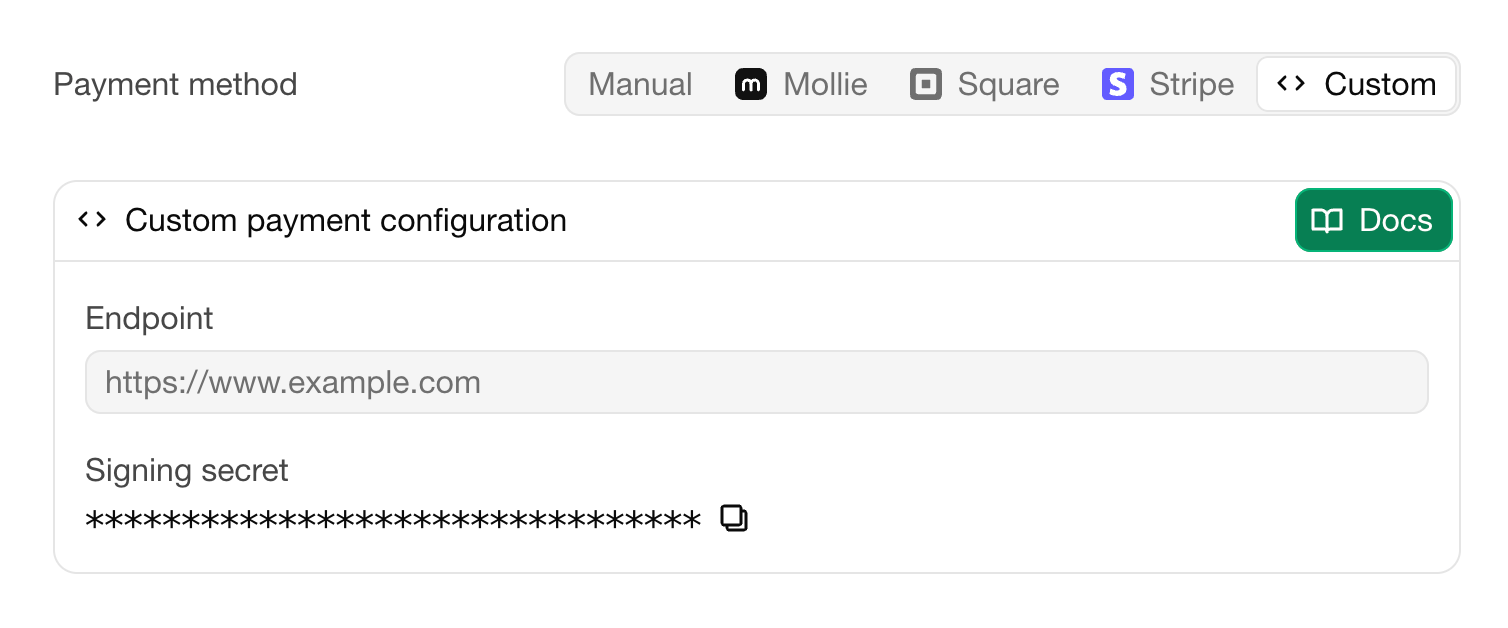 Custom payment configuration
