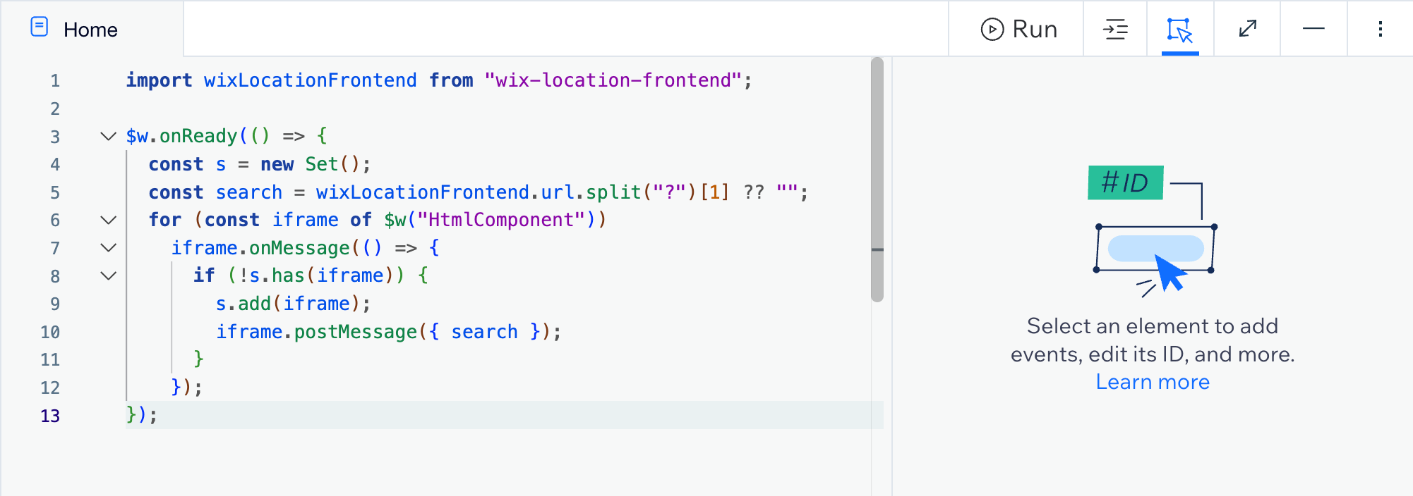 Wix Velo editor with code snippet