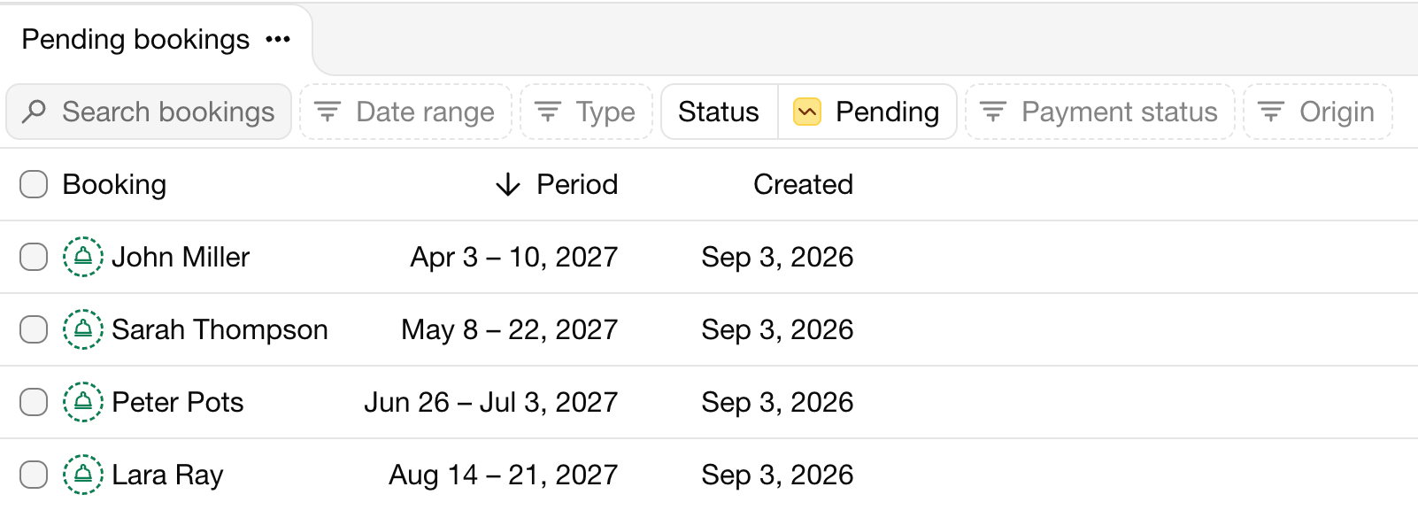 Pending bookings view