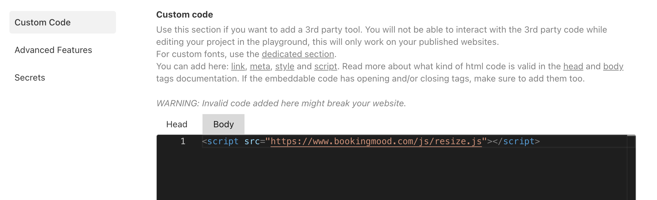 Custom code in the Body