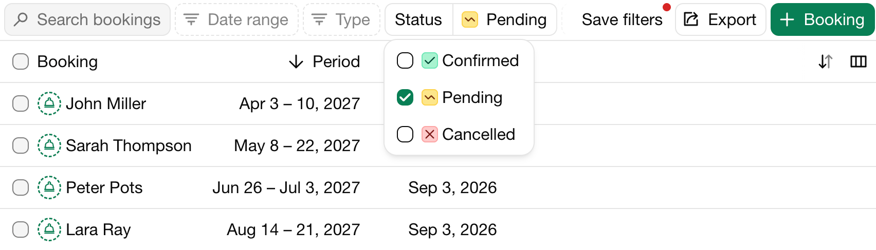 Bookings with Pending status